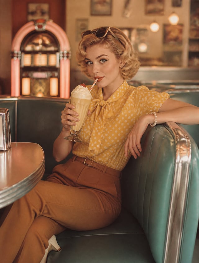 A hyper-realistic 1950s-inspired editorial portrait of a young woman (use uploaded face exactly, no 