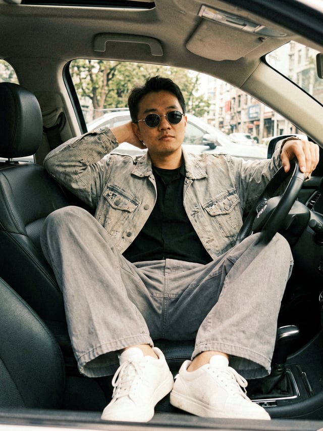 Create a hyper-realistic portrait of a man (man of the uploaded photo) sitting in the driver's seat 