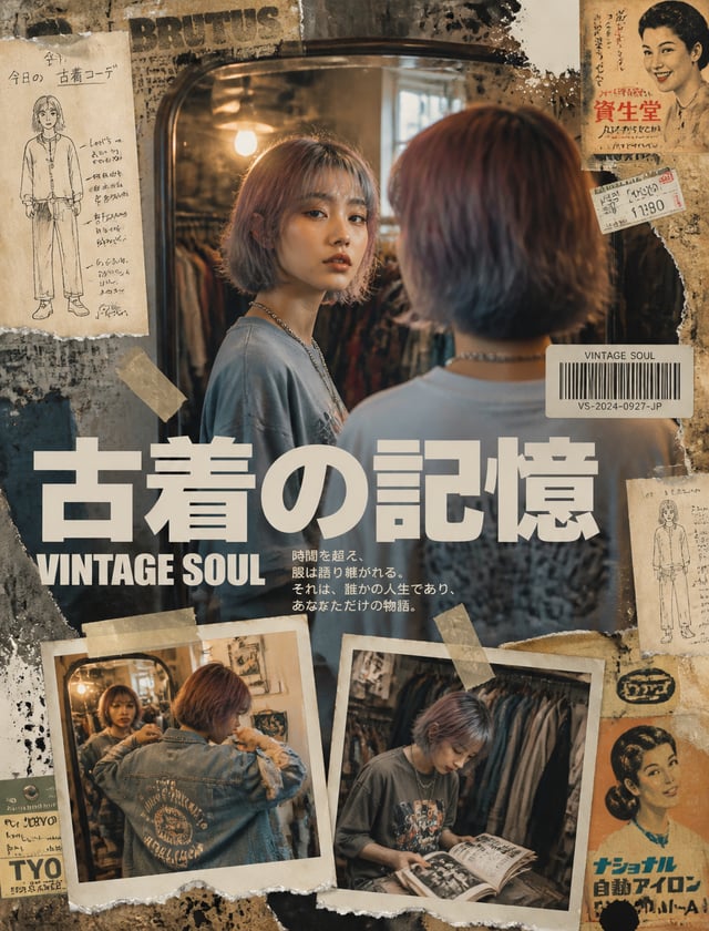 Y2K日系街头编辑拼贴海报，东亚面孔年轻女性，原宿古着店试衣镜前，挑染粉紫与灰蓝渐变短发，眼神在镜中与镜头交汇，自然皮肤纹理光泽双唇 messy bob 发型，古着店暖色钨丝灯与窗外午后阳光交织的柔和