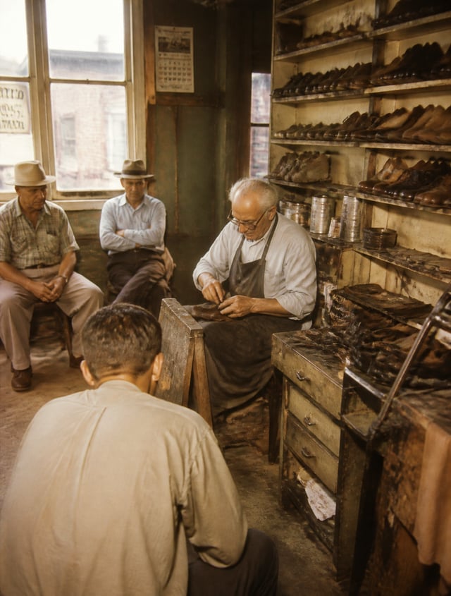 small neighborhood shoe repair shop in 1955, elderly cobbler repairing leather boots while customers