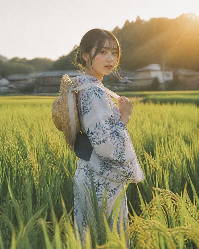 Portrait orientation photograph of a young Japanese woman standing in the middle of a lush green ric