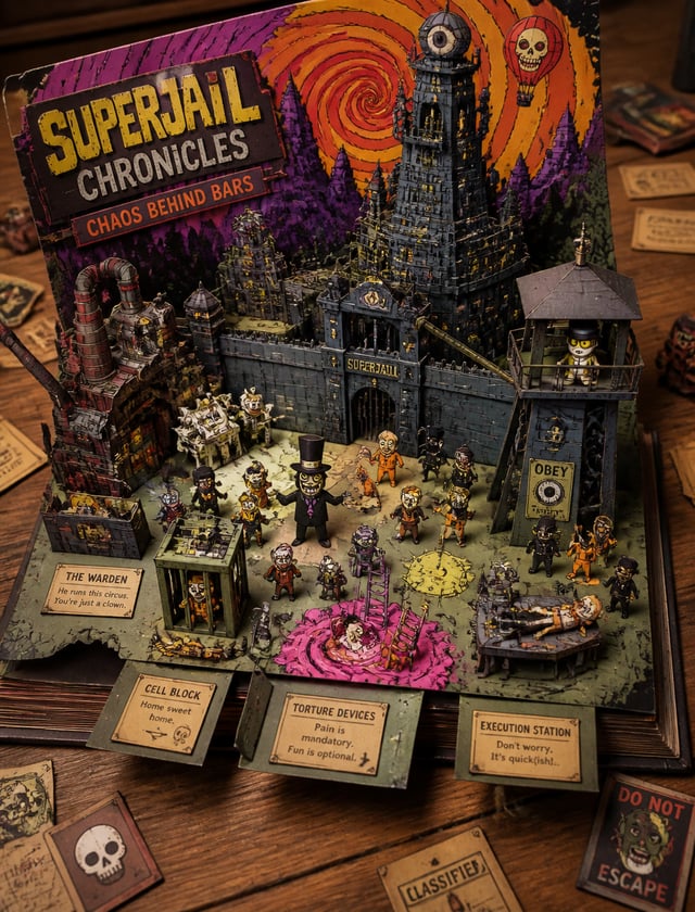 Create a Superjail!-themed 3D pop-up papercraft storybook diorama on wooden table, elevated angle. T