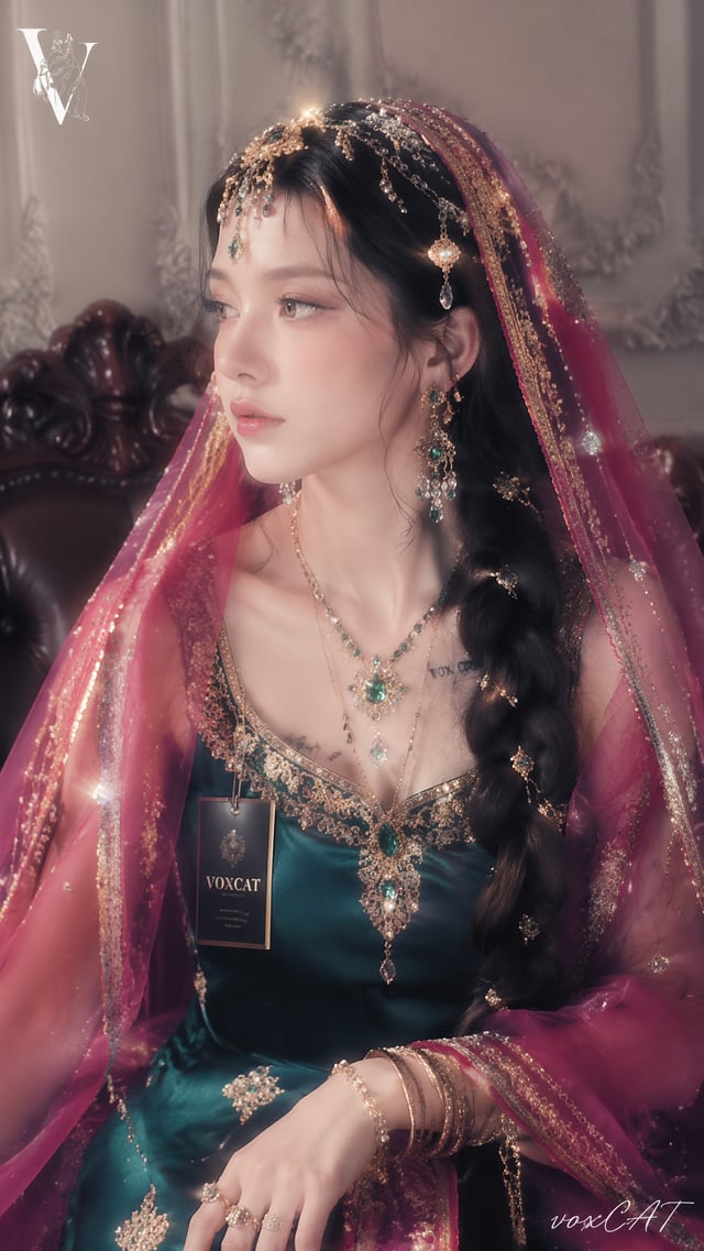 自定义角色，异域宫廷风华丽人像，真人写实结合柔焦复古视频截图感，9:16 竖版近距离半身构图。角色坐在复古欧式沙发上，背景为浅灰白浮雕墙面与深色雕花木质沙发，身体侧向画面左侧，三分之二侧脸，眼睛睁开望