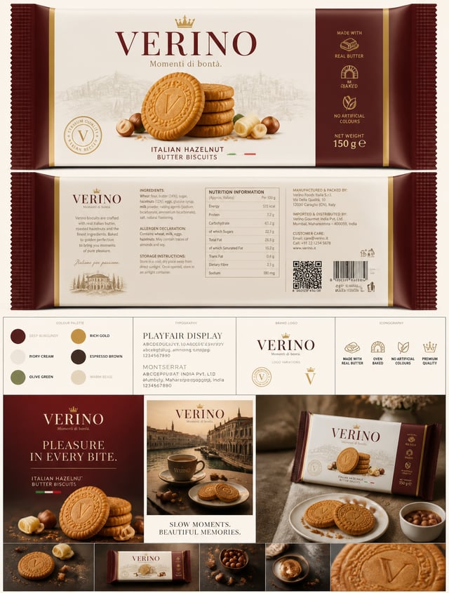 Create an ultra-premium 8K FMCG biscuit packaging and brand identity presentation for a fictional It