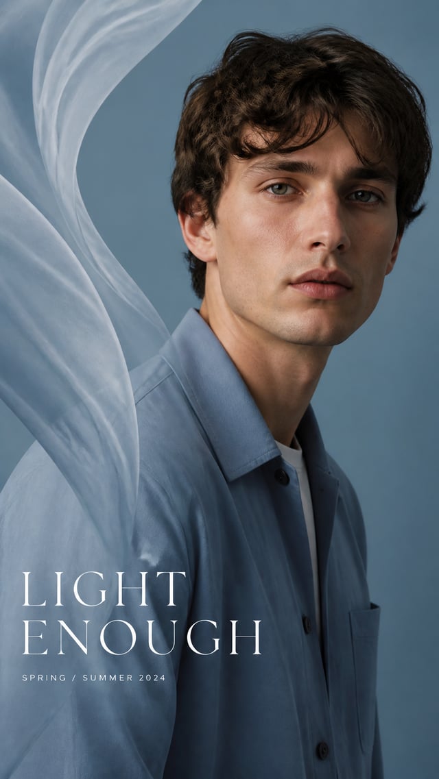 Premium editorial campaign.Main Subject: Young male model wearing a muted dusty-blue overshirt.Creat