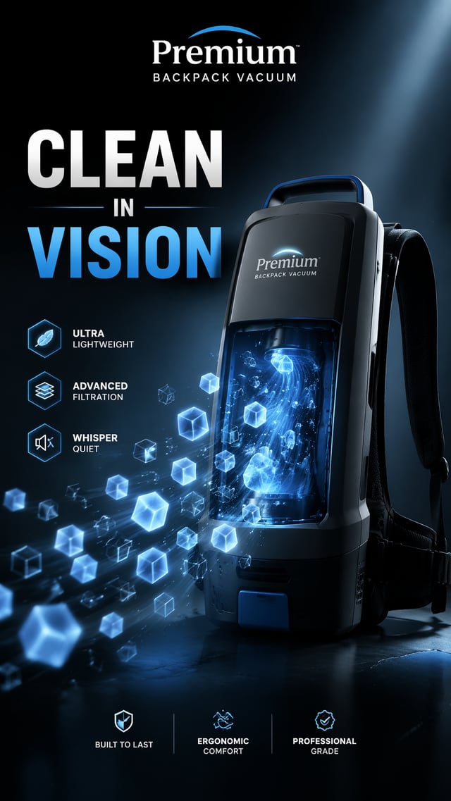 Premium Backpack VacuumDust transforms into glowing geometric cubes disappearing into the vacuum.Hea