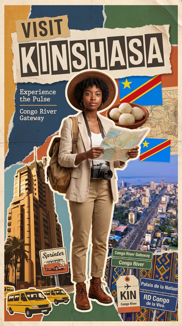 A vintage-style collage-style travel poster for Kinshasa, Democratic Republic of the Congo. The post