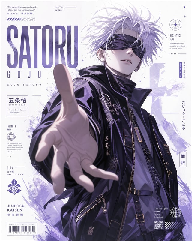 A luxury minimalist anime editorial poster featuring Gojo Sato, designed as a premium high-fashion m