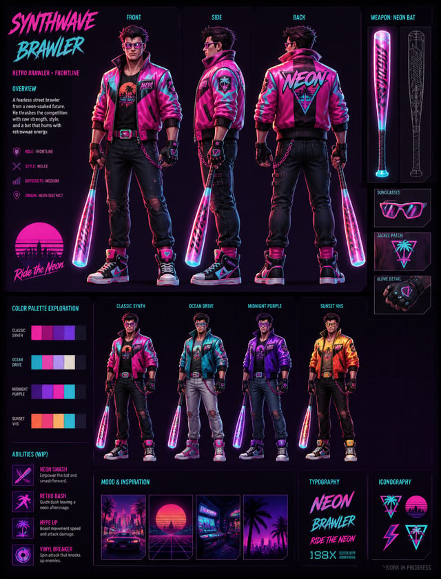 Synthwave BrawlerCreate a detailed character sheet of a Synthwave Retro Brawler for a stylized MOBA.