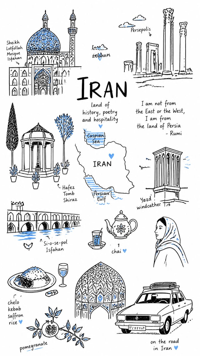 Create a charming editorial travel illustration of [Iran] in a simple hand-drawn doodled style, as i