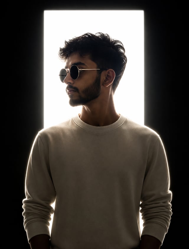 A dramatic, high-contrast studio portrait of  my given image with messy dark hair and a neatly groom