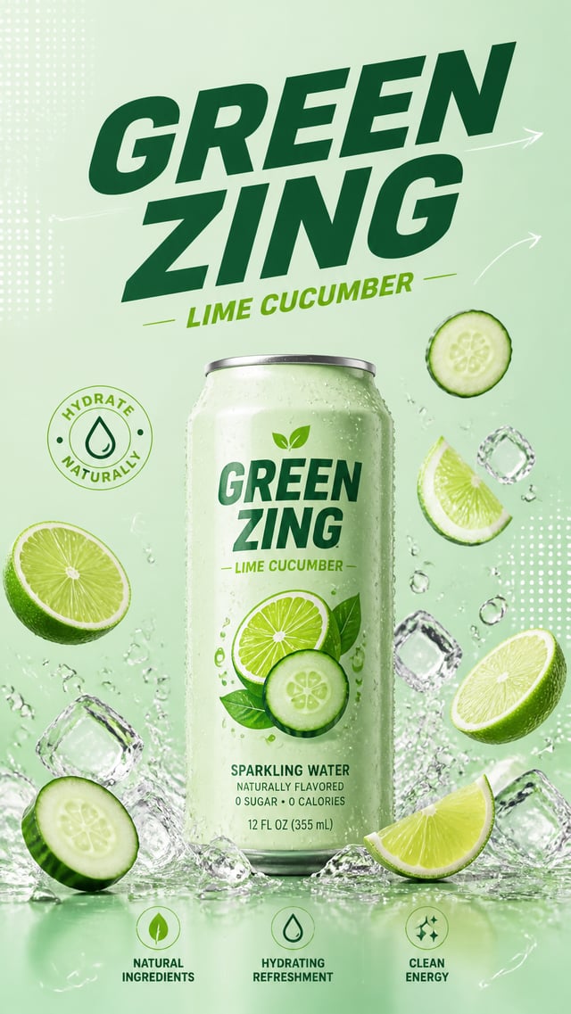 青柠黄瓜气泡饮料广告，薄荷绿色背景，顶部大主标“GREEN ZING”，使用粗体斜体无衬线字体，干净有力量，副标“LIME CUCUMBER”放在标题下方，浅绿色易拉罐居中，罐体简洁青柠黄瓜图形，周围