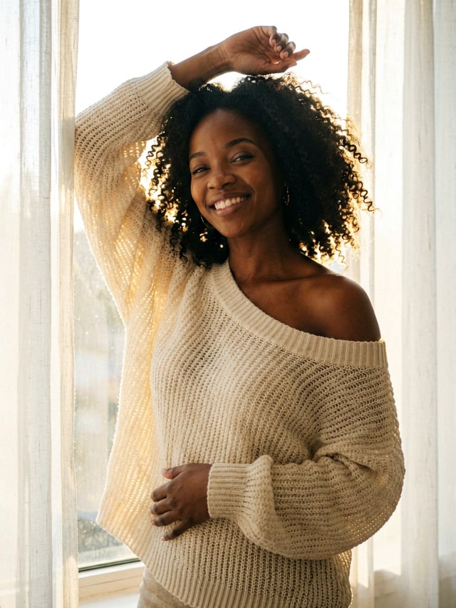 A 23-year-old Senegalese woman wears a loose-fitting, lightweight chunky-knit sweater that naturally