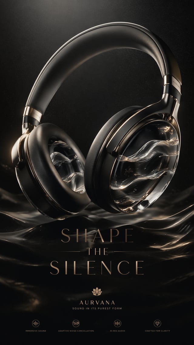 A premium 9:16 audio advertising poster.Main Subject:Premium over-ear headphones.The silence inside 