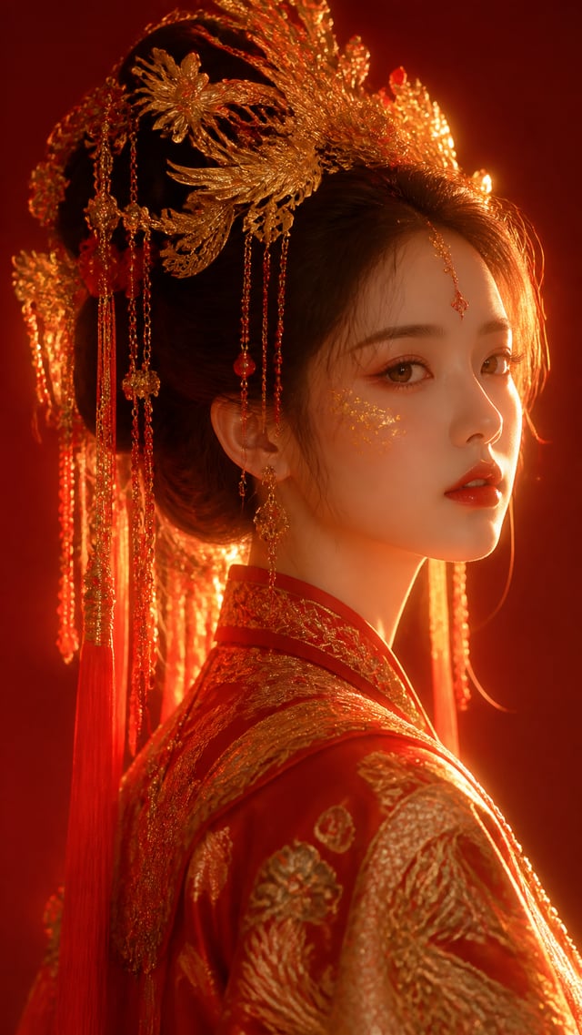 Vertical close-up illustration of ancient Chinese bride, three-quarter side profile shot, elegant or