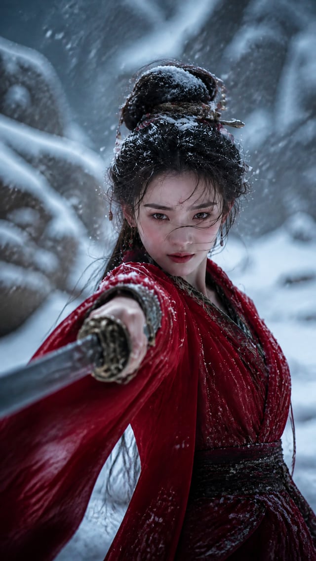 cinematic medium close-up, beautiful young chinese female swordsman, sharp cold eyes, wearing flowin