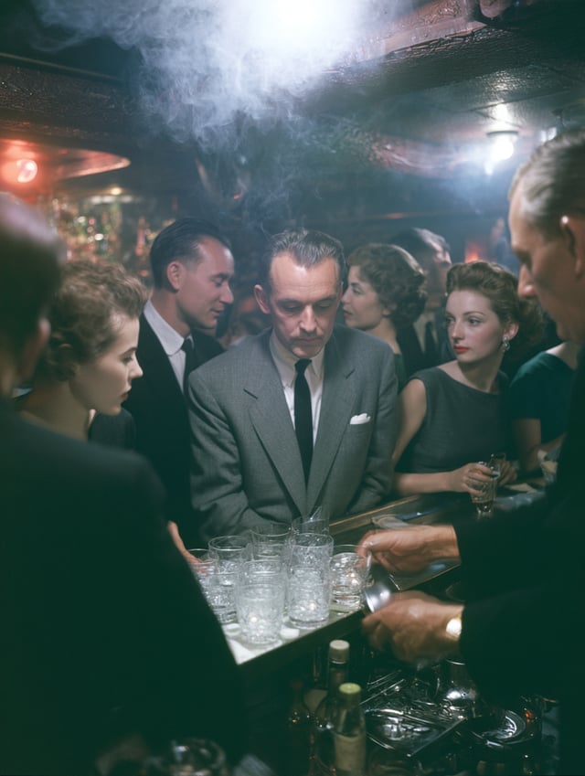1955 underground jazz club, smoky atmosphere, elegant men in tailored suits and women in classic dre