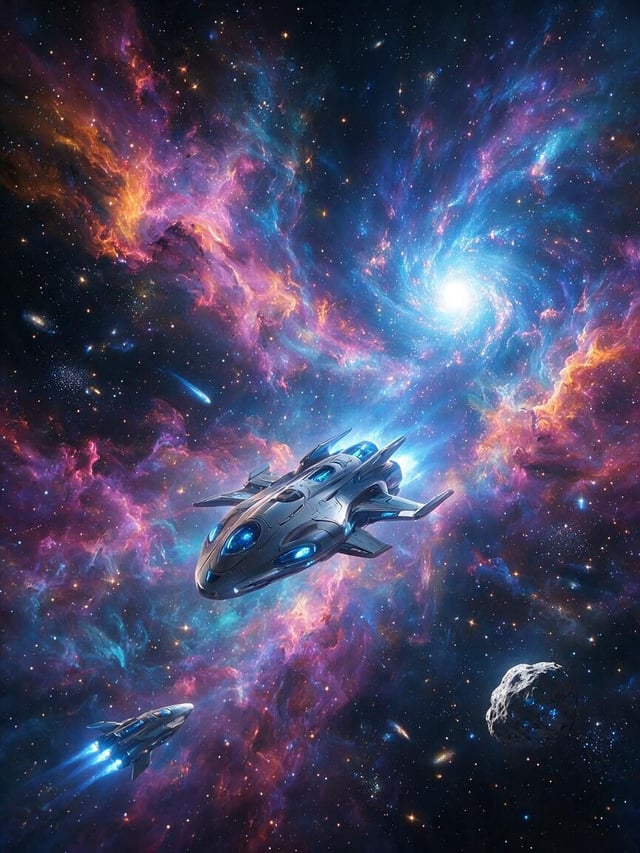 Generate an aesthetic futuristic view of space, cinematic lighting, high detail, vibrant nebulae, sl