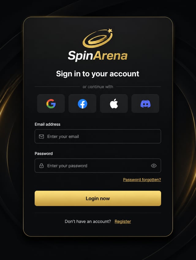 Build SpinArena "Sign in to your account" page: social login row, Email address, Password fields, "P