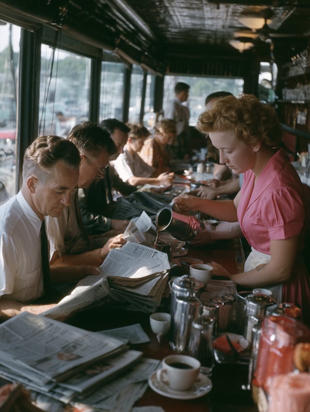 1954 neighborhood coffee shop filled with office workers reading newspapers, waitress pouring fresh 