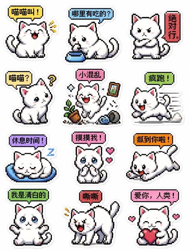 可爱小猫贴纸套装设计，采用16-bit街机游戏精灵风格，像素艺术美学。毛茸茸的白色小猫形象，主体由清晰可见的块状像素构成，边缘呈现明确的阶梯状锯齿，搭配大胆且深沉的黑色轮廓线条，强化视觉张力。小猫表情