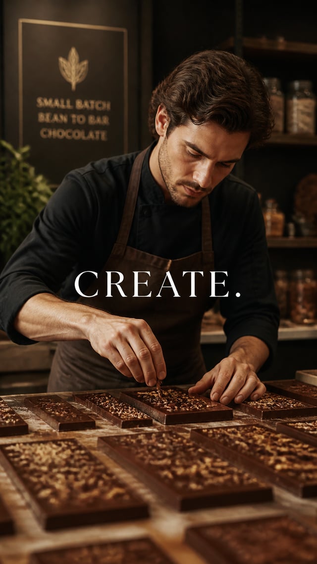 Premium lifestyle campaign.Main Subject: Young chocolatier man inside an artisan chocolate studio.Cr