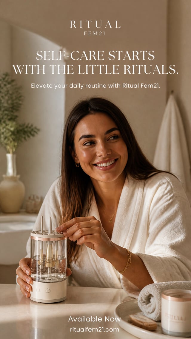 A realistic UGC-style vertical photo (1080x1920) for the premium beauty and self-care brand Ritual F
