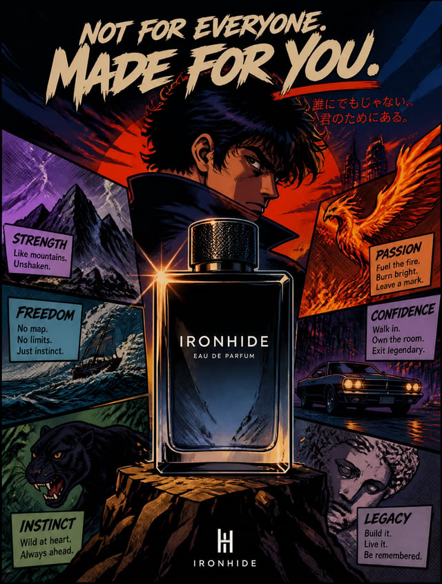 Create a square product ad for [Brand Name] in a visually striking blend of 1980s anime style and Am