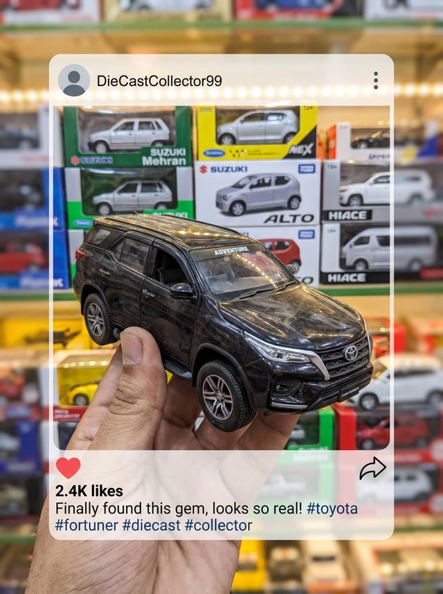 A highly detailed close-up shot of a hand holding a realistic scale-model die-cast toy car indoors. 