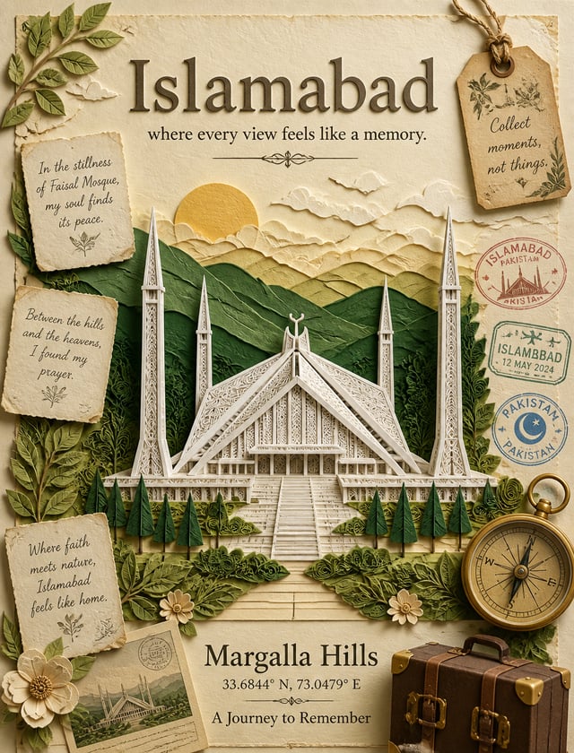 Islamabad travel poster in elegant handcrafted 3D paper quilling and layered papercraft style. The c
