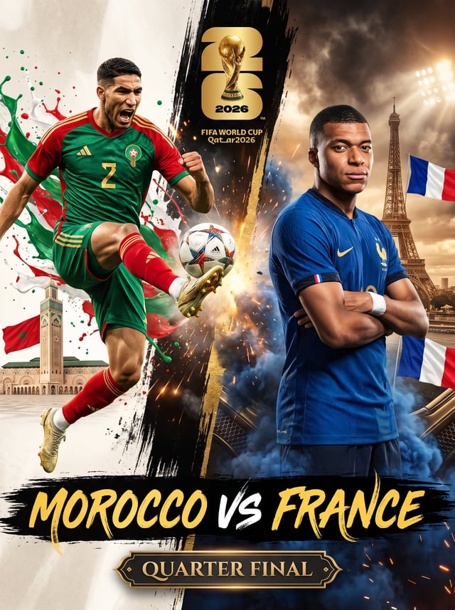 Ultra-detailed cinematic FIFA World Cup 2026 match poster, legendary clash between Morocco and Franc