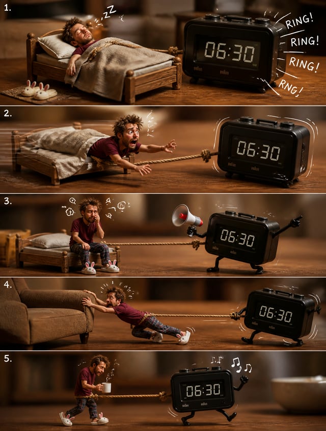 A highly detailed ultra-realistic miniature comedy diorama featuring a tiny adult man on a giant woo