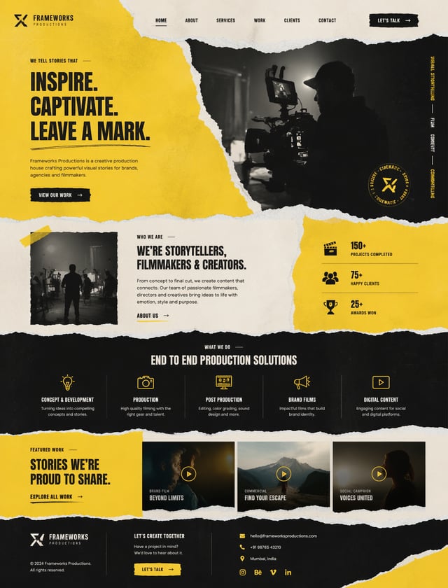 Create a torned paper style website for a production house with dual color yellow ui style
