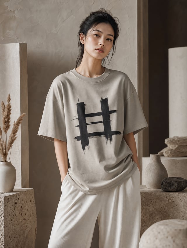 A premium editorial fashion campaign featuring a young female model (22–26 years old) with natural b