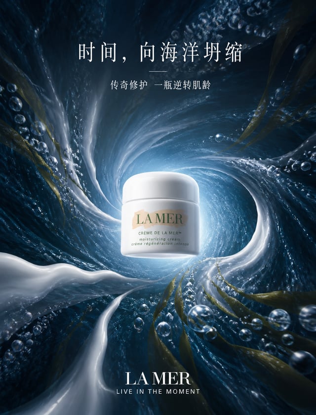 为La Mer精华面霜制作「万有引力」产品广告海报。主体：La Mer经典白色瓷瓶面霜悬浮于视觉中心，作为强大引力源，将深海海藻、银色微泡、月光光晕和乳霜质地拉丝以戏剧性弯曲轨迹吸入周围。产品保持绝对