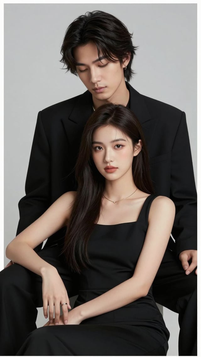 Create an ultra-realistic high-end studio editorial portrait of a young adult East Asian couple dres