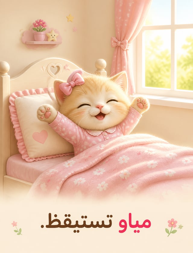 Create the first inside page of a toddler storybook (12–18 months old), using the exact same kitten 