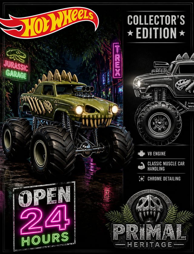 The image is a promotional poster for a Hot Wheels collector's edition of a prehistoric-styled monst