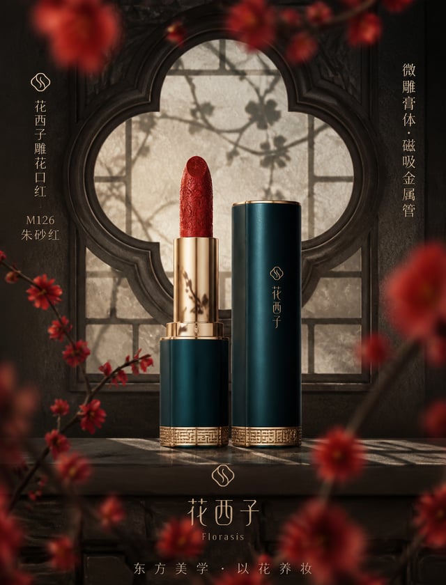 你是一位专精国潮美妆商业视觉的资深创意总监。请对以下商品广告进行专业级重设计：【原始素材】花西子 雕花口红 M126｜微雕膏体，磁吸金属管，朱砂红色号【趋势锚定】当前美妆视觉趋势：东方摩登 + 非遗工