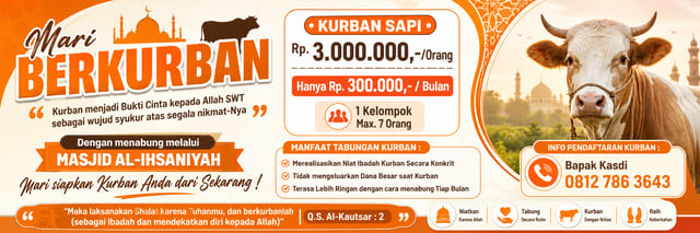Buatkan Ide Poster Arisan Kurban Sapi dengan Ukuran (3:1) 4K High-Res, Tema warna Orange, berikut Ma