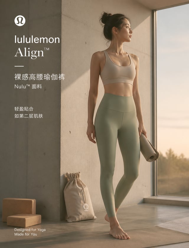 你是一位专精运动生活方式商业视觉的资深创意总监。请对以下商品广告进行专业级重设计：【原始素材】Lululemon Align™ 裸感高腰瑜伽裤｜Nulu 面料，鼠尾草绿配色【趋势锚定】当前运动视觉趋势