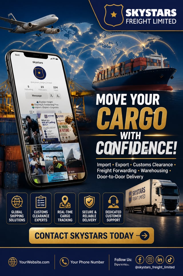 Create a premium, eye-catching promotional graphic for Skystars Freight Limited. Feature a modern sm