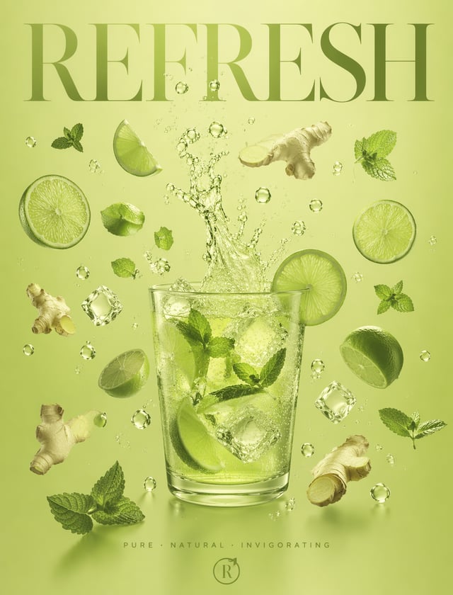 Editorial high quality luxury poster : mono color gradient . Title: REFRESH. Sliced lime, citrus, li