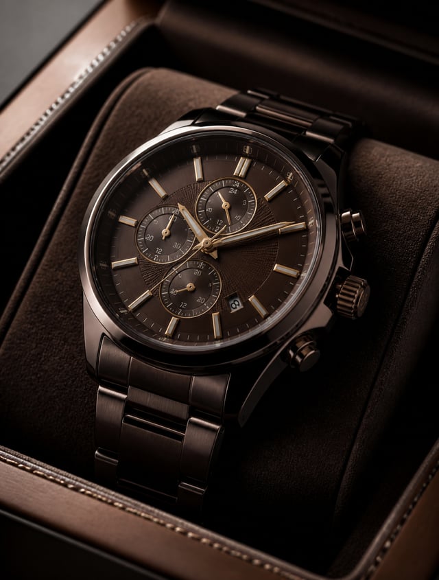 Titan luxury wristwatch, deep dark brown metallic finish with a high-gloss polished sheen, intricate