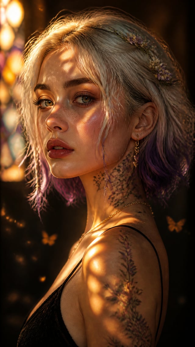 A hyper-realistic fashion portrait of a striking young woman captured in a close-up shoulder-up comp