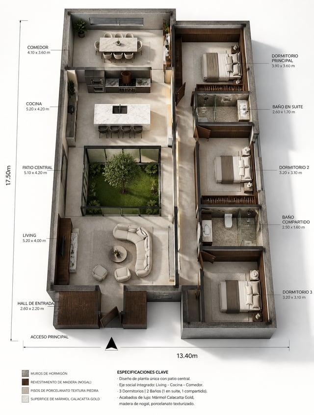 [SUBJECT] = "A detailed, technical yet aesthetically luxurious floor plan of the single-story contem