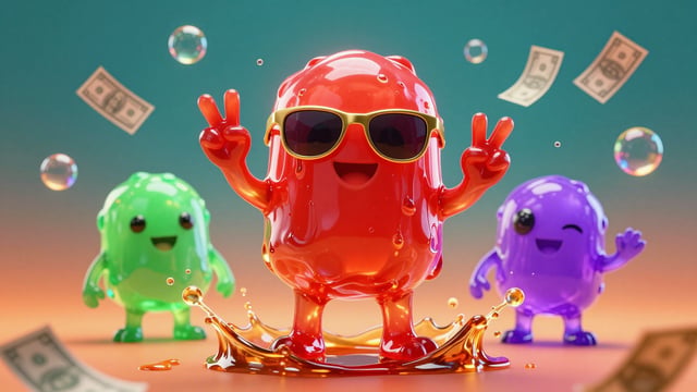 A vibrant, glossy crimson slime character wearing sleek gold sunglasses takes center stage, rendered