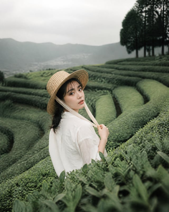 Vertical portrait of a young japanese woman walking through terraced tea fields, wearing a simple wh