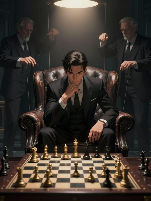 A sharp-featured man in a tailored black suit sits poised in a worn, tufted leather armchair, his ch