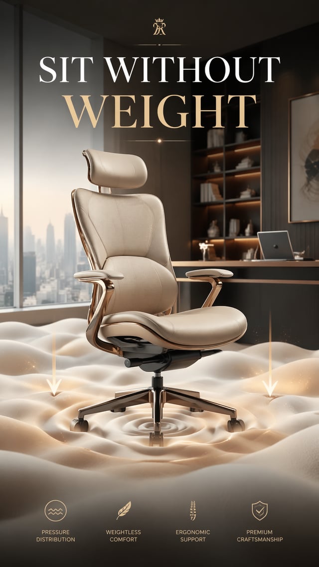 Luxury Office ChairPressure disappears into soft floating cushion waves beneath the chair.Headline:S